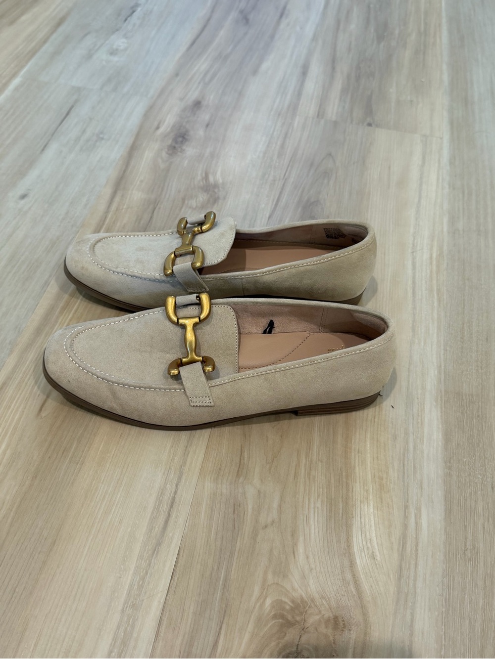 Beige Suede Loafers with Gold Horsebit Hardware